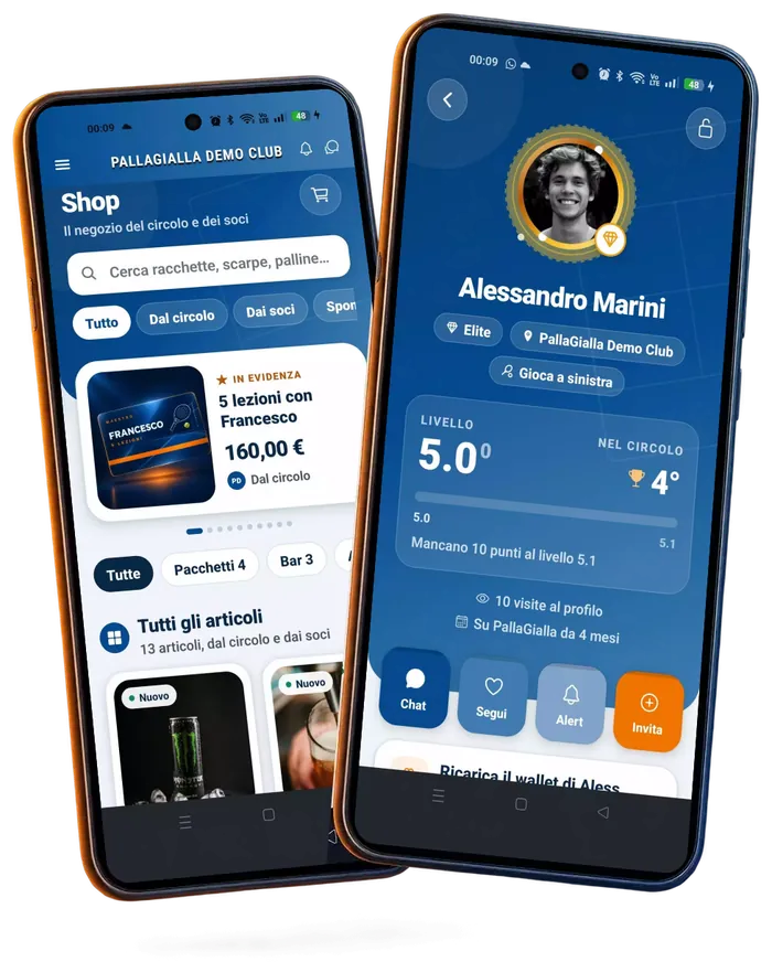 L'app PallaGialla su due telefoni: lo shop del circolo e il profilo del giocatore con livello e posizione nel circolo